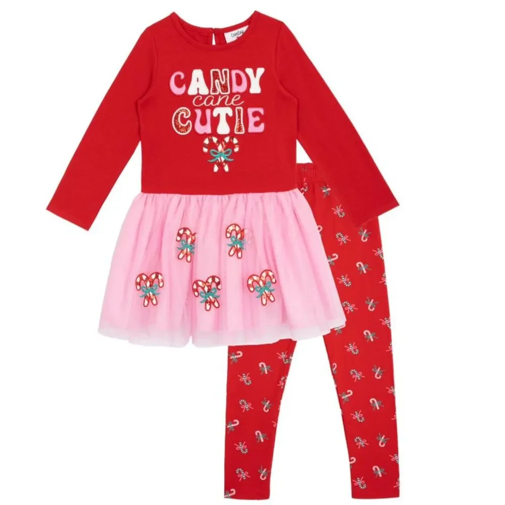 NEW Girls Sz 18 Months Sparkly CANDY CANE CUTIE Christmas Holiday 2 Pc Outfit